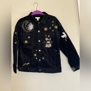 H&M Black Corduroy Trucker Jacket Womens Size 6 Embellished Wiccan Moon Stars